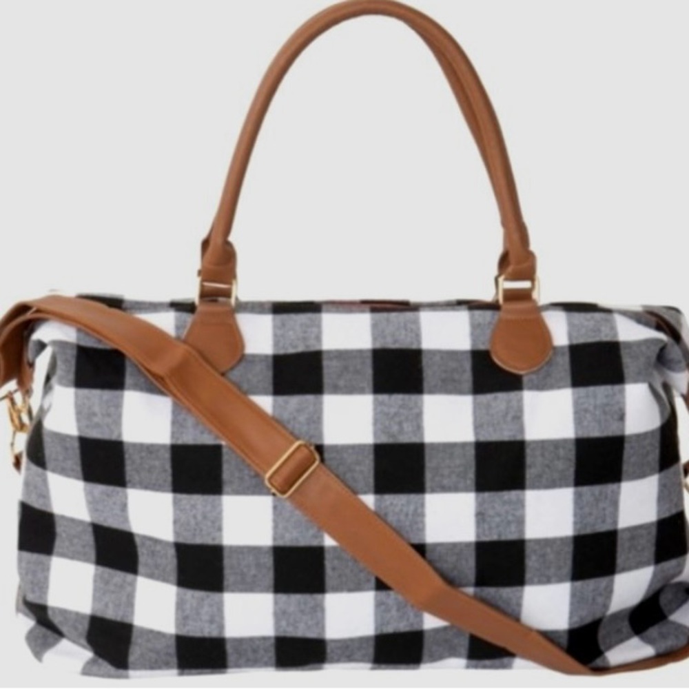 🦬 NWT Riah Fashion Black & White Buffalo Plaid Print Weekend Duffle Bag